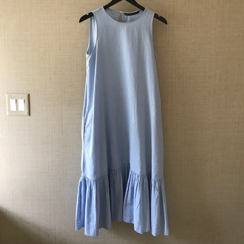 ZARA light blue cotton ruffle maxi summer dress